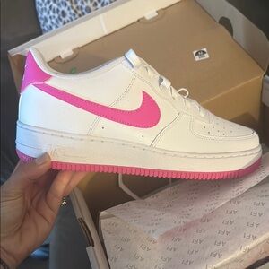 Nike White and Pink Air Force 1 Sneakers